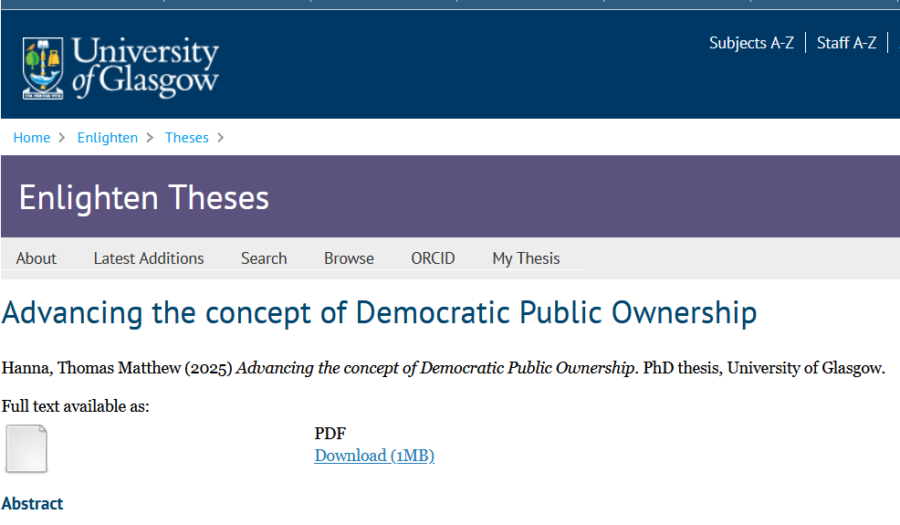 New PhD Thesis on Democratic Public Ownership