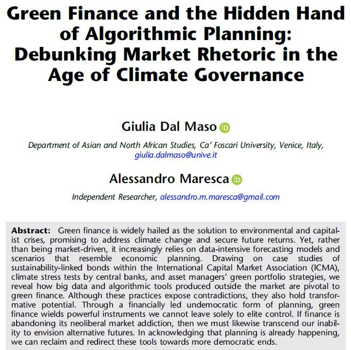 Article Examines How Green Finance Is A Form of Algorithmic Planning